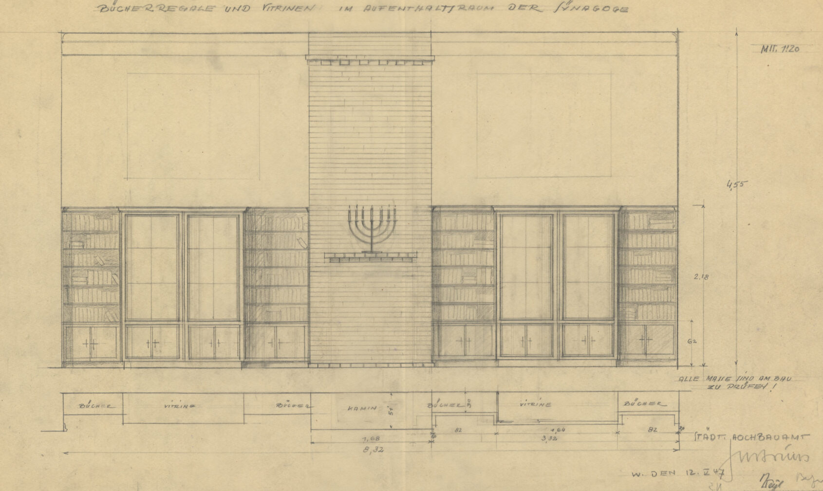Construction drawing of the Hochbauamt, fireplace wall in the club room with display cases and bookshelves, September 22, 1947. StadtA WI, ArpRi No. 3