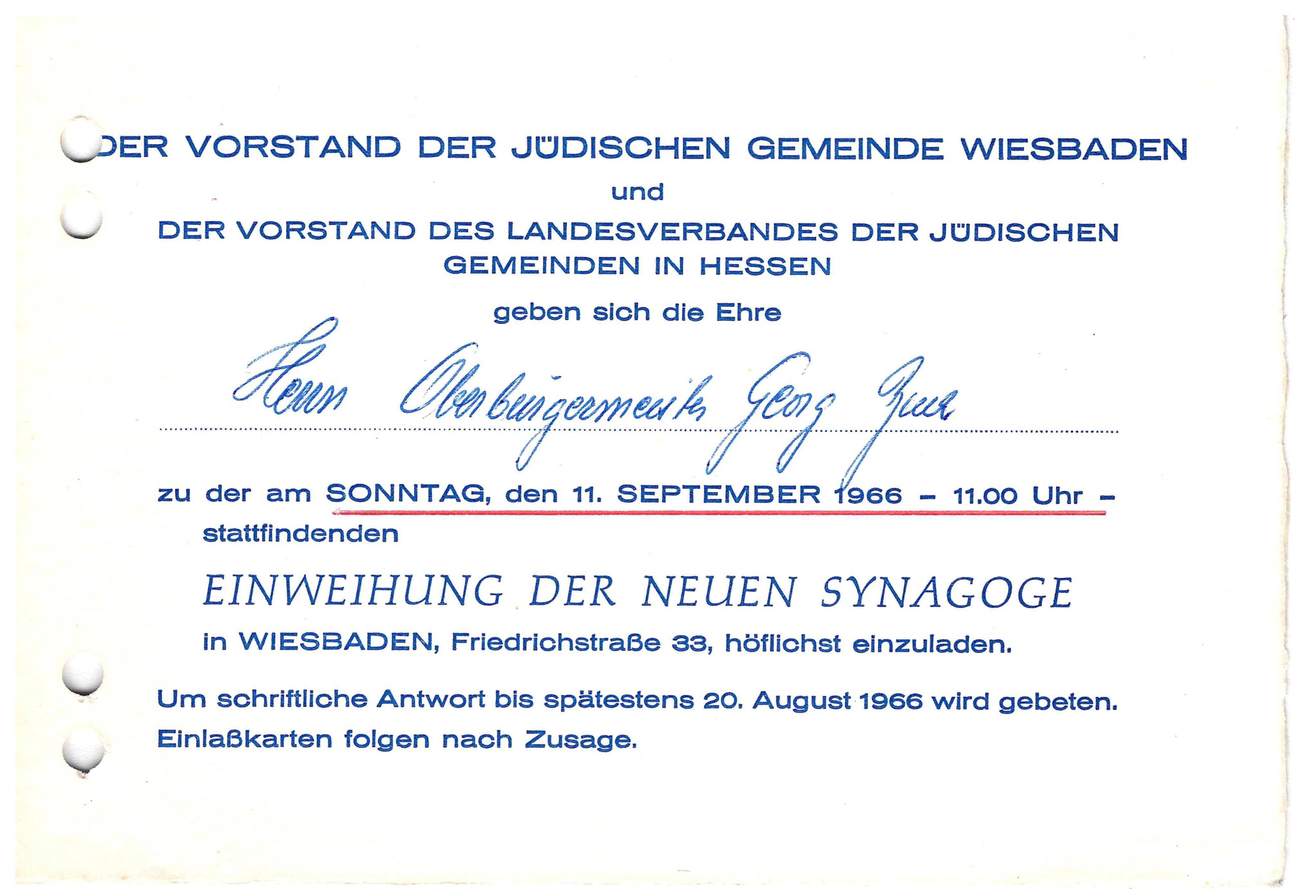 Invitation to the inauguration of the new synagogue building in 1966 for Mayor Buch. StadtA WI, WI/3, No. 2587