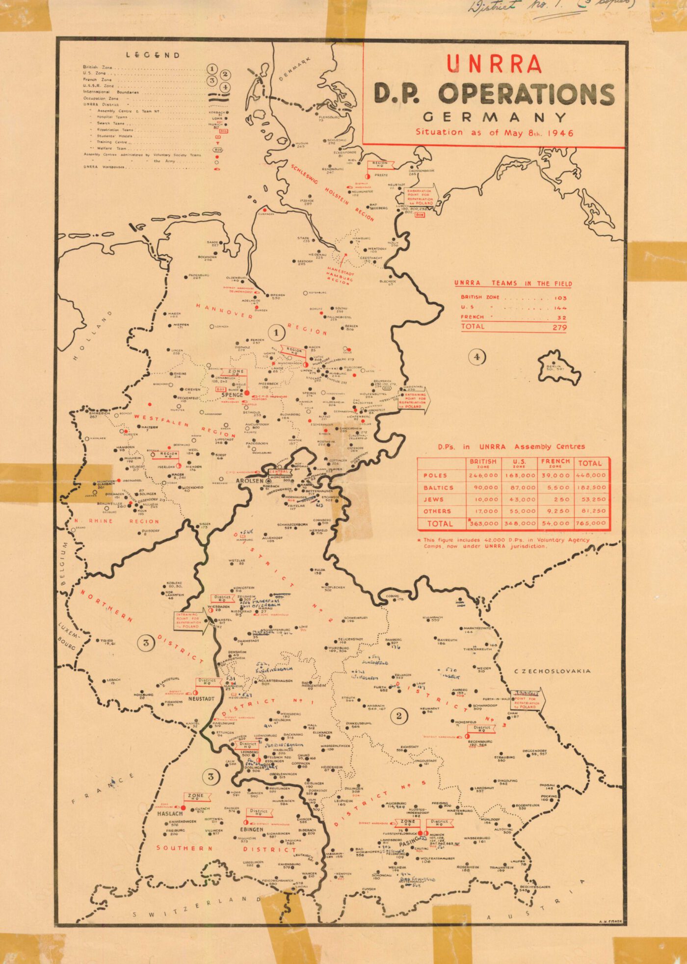 Carte des opérations de l'UNRRA D.P. Allemagne, 8 mai 1946. 6.2.2 / 129799278 ITS Digitales Archiv, Arolsen Archiv