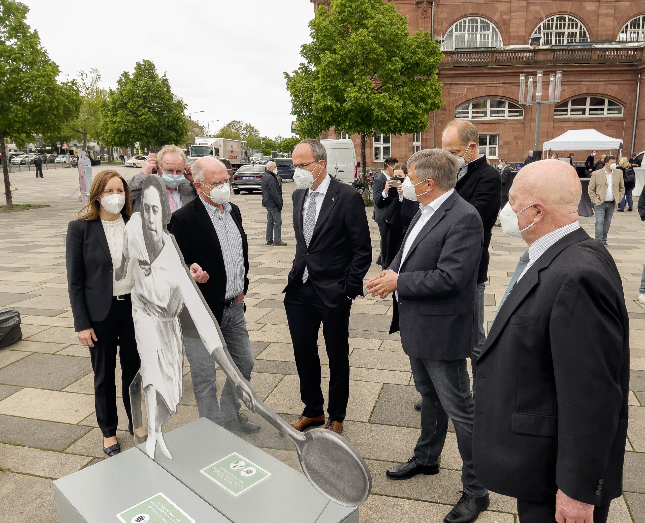 Opening of the traveling exhibition "Between Success and Persecution - Jewish Stars in German Sports until 1933 and After" on the forecourt of Wiesbaden Central Station in May 2021. Photographer: Igor Eisenschtat. Collection Jewish Community Wiesbaden