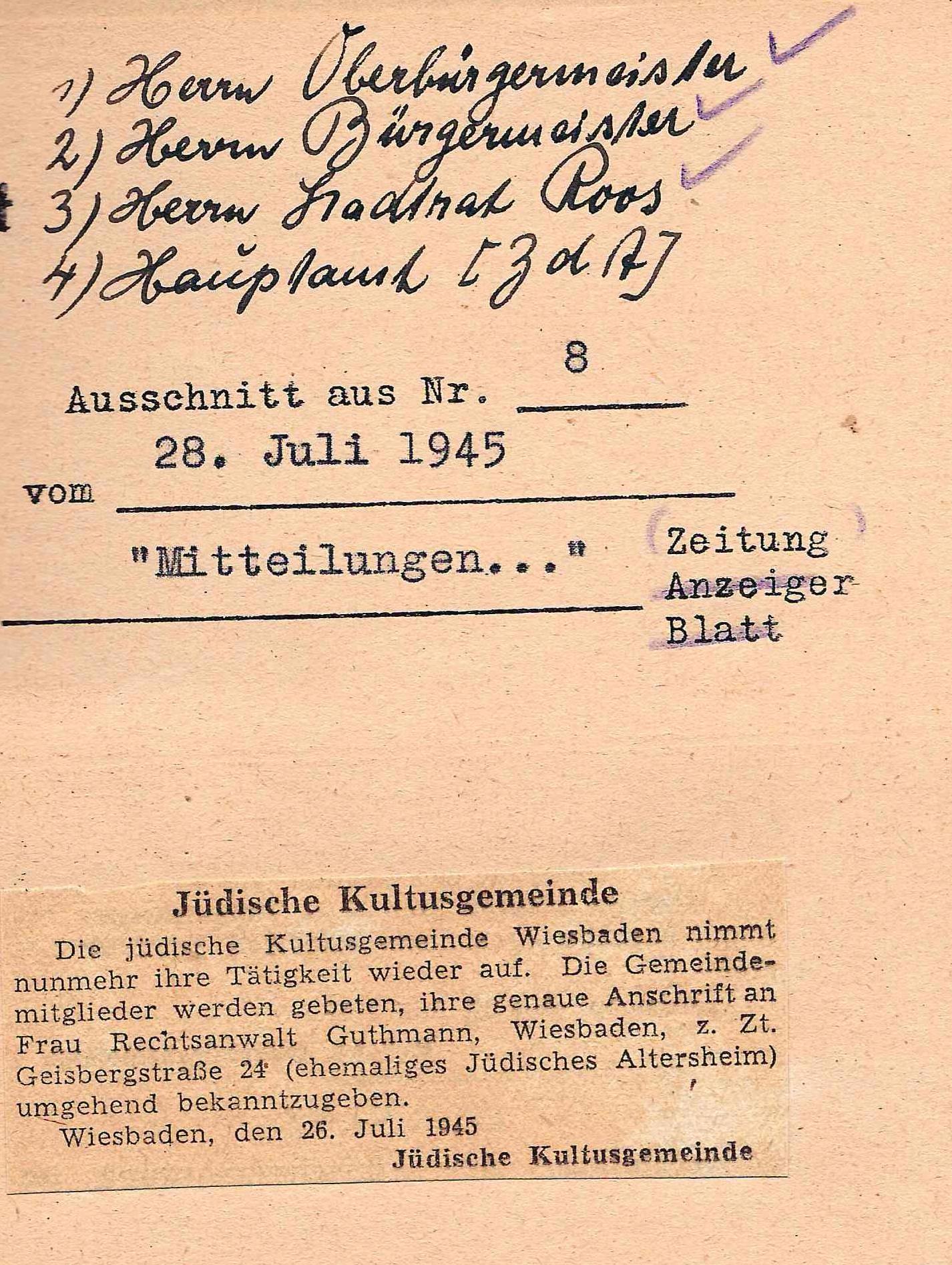 Zeitungsmitteilung vom 28. Juli 1945. StadtA WI, WI/3, Nr. 2583