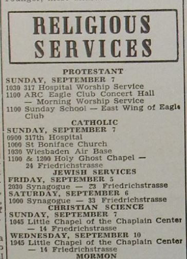 Объявление о еврейских религиозных службах в газете "Висбаден пост" от 5 сентября 1947 года.